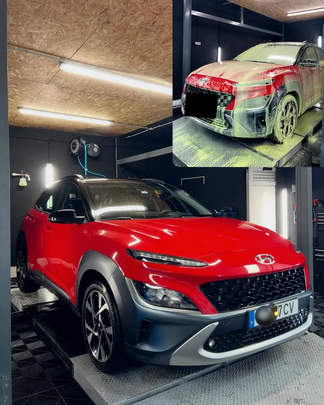 Hyundai Kona vermelho coberto de espuma na box de lavagem